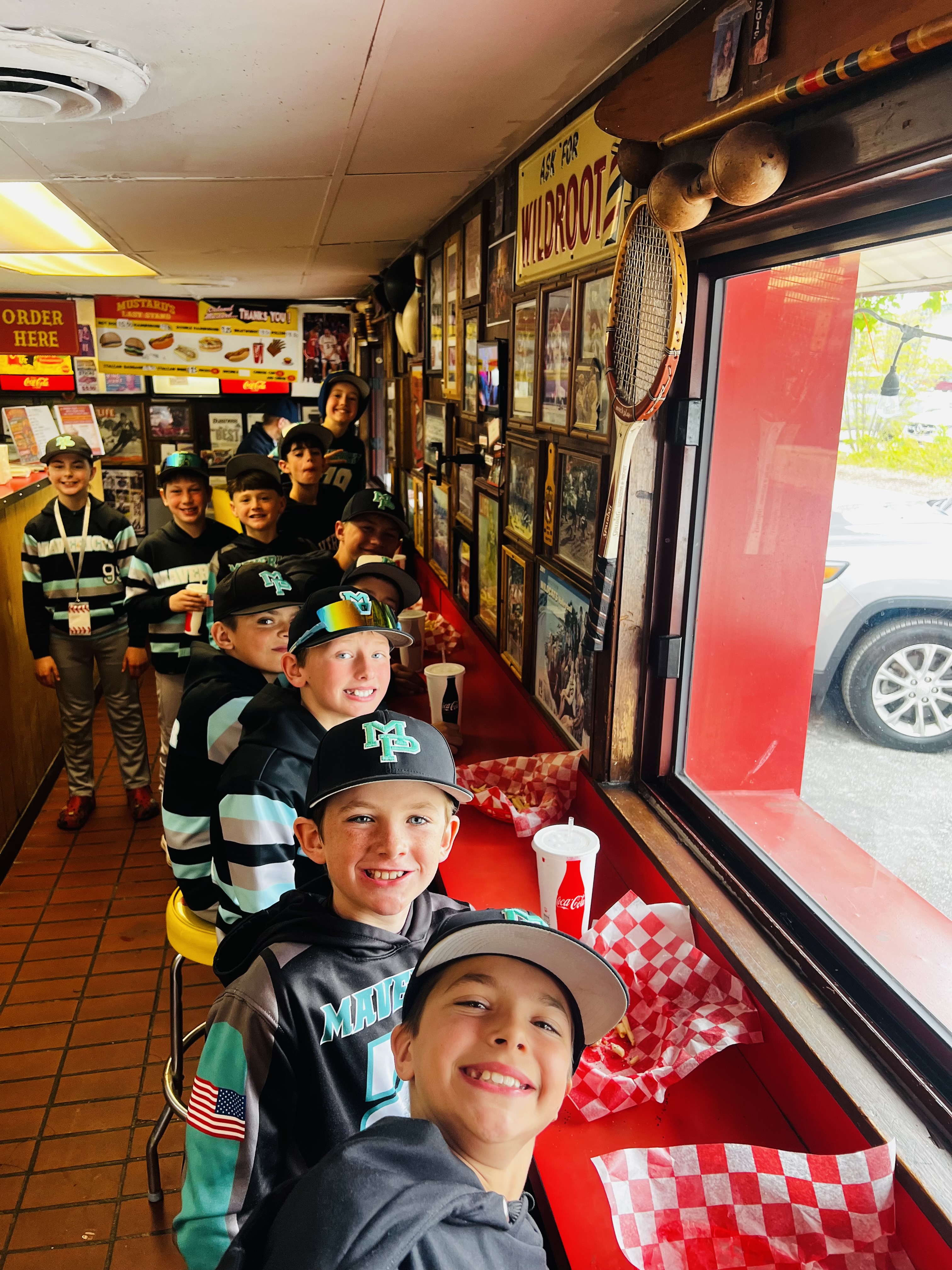 Mavericks team at a restaurant after a game