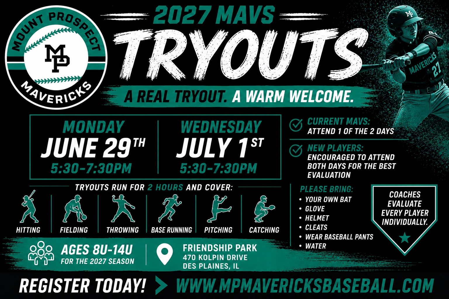 2027 Mount Prospect Mavericks Tryouts — Monday June 29 and Wednesday July 1, 5:30–7:30 PM at Friendship Park, Des Plaines IL. Ages 8U–14U.